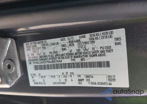 2013 Ford Escape Se from USA, damaged, VIN 1FMCU0GX7DUB51643